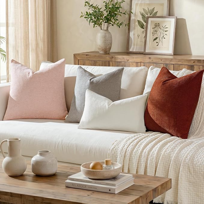 a moment Pack of 2 Decorative Chenille Throw Pillow Covers with Twill Cushion Covers for Sofa Living Room Couch Bed 22x22 Inch Light Pink