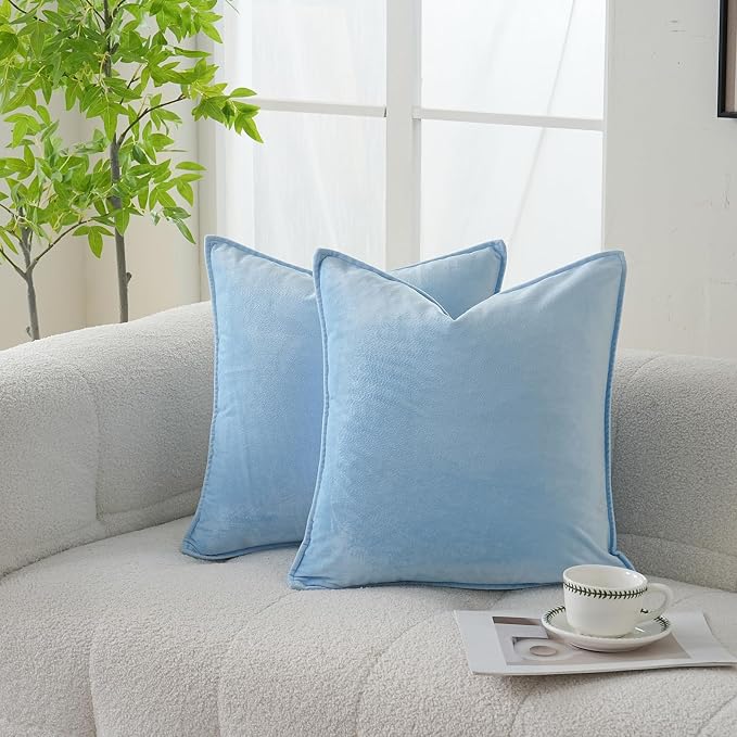 Velvet Light Blue Throw Pillow Covers 24”x24”Pack of 2 Soft Decorative | Square Cushion Covers for Couch Sofa Bed Livingroom Car Home Decor,60x60Cm
