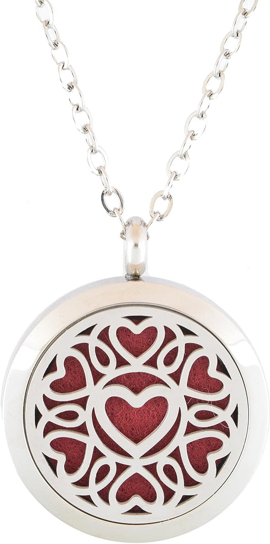 Aromatherapy Essential Oil Diffuser Stainless Steel 30MM Silver Magnetic Locket Pendant with Chain Necklace and Colored Refill Pads & Diffuser Bracelet All in a Velvet Bag (heartvalentine)