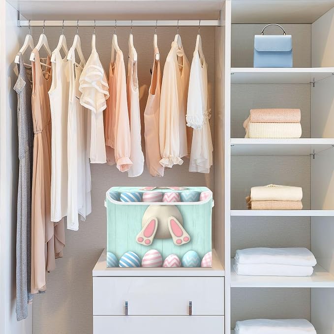 Easter Bunny Storage Bins with Lids and Carrying Handle,Foldable Storage Boxes Organizer Containers Baskets Cube with Cover for Home Bedroom Closet Office