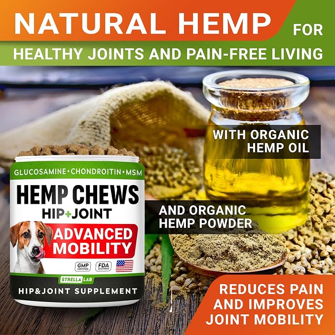 STRELLALAB Hemp Chews for Dogs - Hip & Joint Supplement with Glucosamine - Joint Pain Relief Treats - Omega 3, Chondroitin, MSM - Advanced Mobility Support - Bacon Flavor - 120 Ct - Made in USA