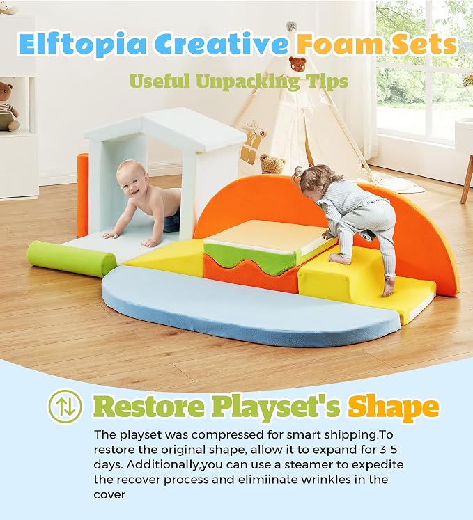 Elftopia 10-Piece Foam Climbing Blocks with Ramp & Stairs for Toddlers,Soft Play Gym Set,Foam Toddler Climbing Toys for Indoor Crawling,Sliding & Creative Play-Dynamic Color