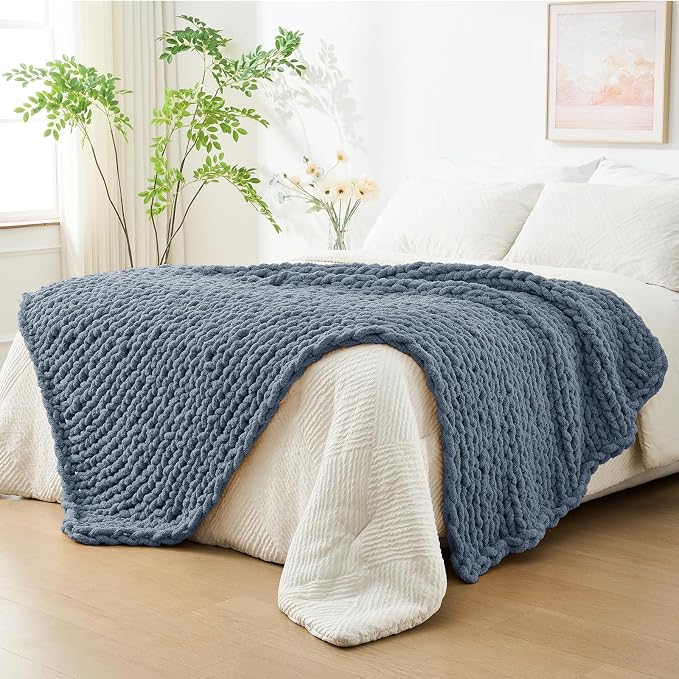 Bigacogo Chunky Knit Throw Blanket for Couch, 40x80 inches, Cold Sea Blue | Hand Knit with Jumbo Chenille, Soft Breathable Cable Knit for Sofa Bed Living Room, Machine Washable, Gift for Mom Friend