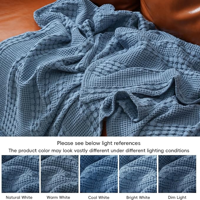 PHF 100% Cotton Waffle Weave Blanket King Size, Lightweight Breathable Summer Blanket for Hot Sleepers, Pre-Washed Soft Layer for Bed, Couch, Home Decor Gift, 108"x90", Denim Blue