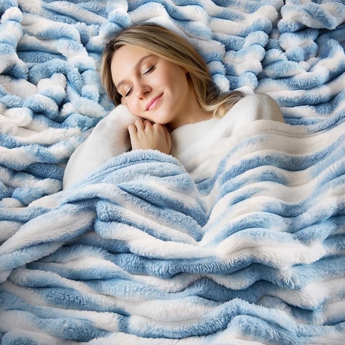 BEDELITE Striped Fleece Throw Blanket, Blue&White, 50"x60" | 300GSM Microfiber Fleece, Soft Cozy, Lightweight Warm, Double-Sided Plush, Machine Washable, Gift, Room Decor, for Couch Sofa