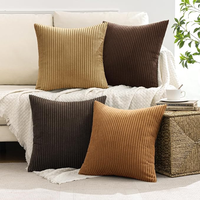 MIULEE Fall Corduroy Decorative Throw Pillow Covers Camel Brown 20x20 | Set of 4, Mordern Rustic Fall Decor, Wood-Tone Deep Browns, Boho Farmhouse Cushion Covers for Couch Bed Sofa Living Room