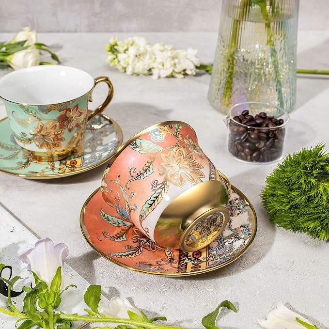 Tea Cups and Saucers Set of 8, 8 OZ Floral Tea Cup with Saucer, Vintage Tea Cups Porcelain Tea Set with Spoon for Latte , Mocha , Afternoon Tea Birthday Party Supply Thanksgiving Day Halloween gifts