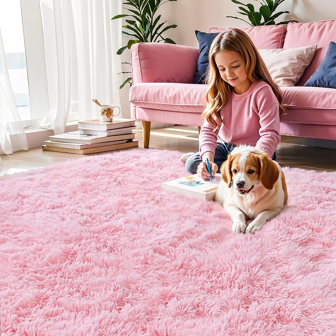 6x9 Pink Shag Rug for Girls Bedroom, Soft Plush Fluffy Carpet | Area Rug for Living Room, Nursery, Kids Dorm Room, Machine Washable Non Slip Shaggy Carpet