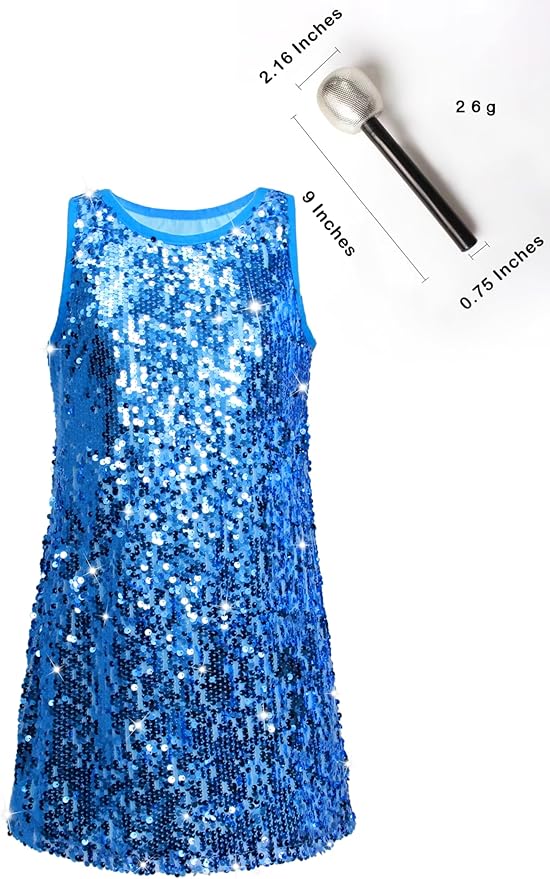 Girls Sequin Dress Sparkly Sleeveless Costume Prom Concert Party Outfit with Glitter Microphone Prop