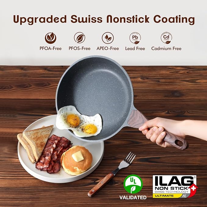SENSARTE Nonstick Frying Pans, Grey(9.5+11 Inch) | Swiss Granite Coating, Free of PFOA&PFOS, Compatible with All Stoves Including Induction Cooktops, Easy to Clean
