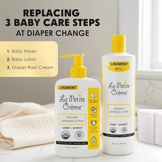 La Petite Creme French Premium Diapering Lotion - Diaper Cream Alternative to Baby Wipes - Gentle Moisturizer & Skin Cleanser with USDA Certified Organic Ingredients - Baby Essentials (20 oz)