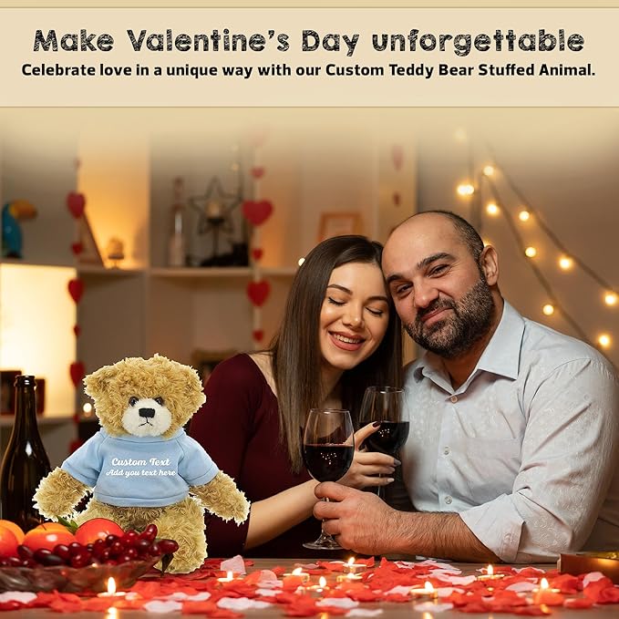 Customized Beige Brandon Bear - 12 inch Personalized Stuffed Bear Plush Toy - Perfect Custom Shirt Bear Gift for Graduation Valentines Graduation Easter Holidays (Powder Blue Shirt)