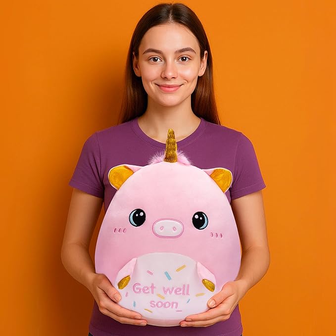 Get Well Soon Unicorn Plush Pillow Stuffed Animal Toy Patient Feel Better,14" Big Size Cute Soft Huggable Plushie,Gift for Kids Women Girl