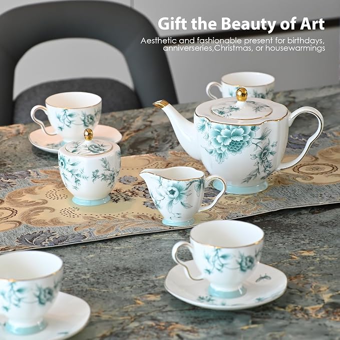 ACMLIFE Tea Set for Adults, Blue and White Bone China Porcelain Tea Set for 6, Vintage Floral Tea Cup Set With Teapot, Tea Party Sets for Women Gift, Mother's Day (Blue-Leaf)