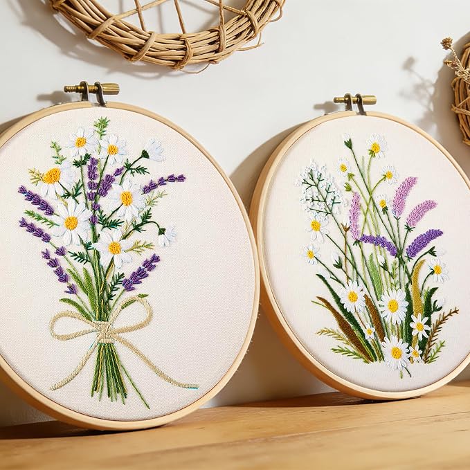 Embroidery Kits for Beginners Adults, Floral Hand Embroidery Set Needlepoint Kits, Flowers Stamped Cross Stitch Kits for Beginners Adults, 2 Embroidery Hoops, Fabric, Thread (Attached Video Tutorial)