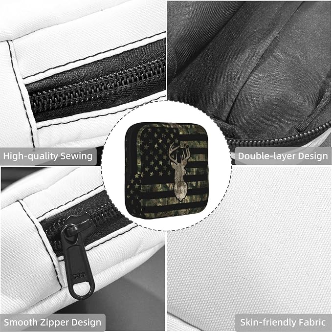 Military Camo Camouflage American Flag Hunting Deer Tactical Period Bag For Women,Portable Sanitary Napkin Period Pad Pouch For Purse, Small Make Up Bags