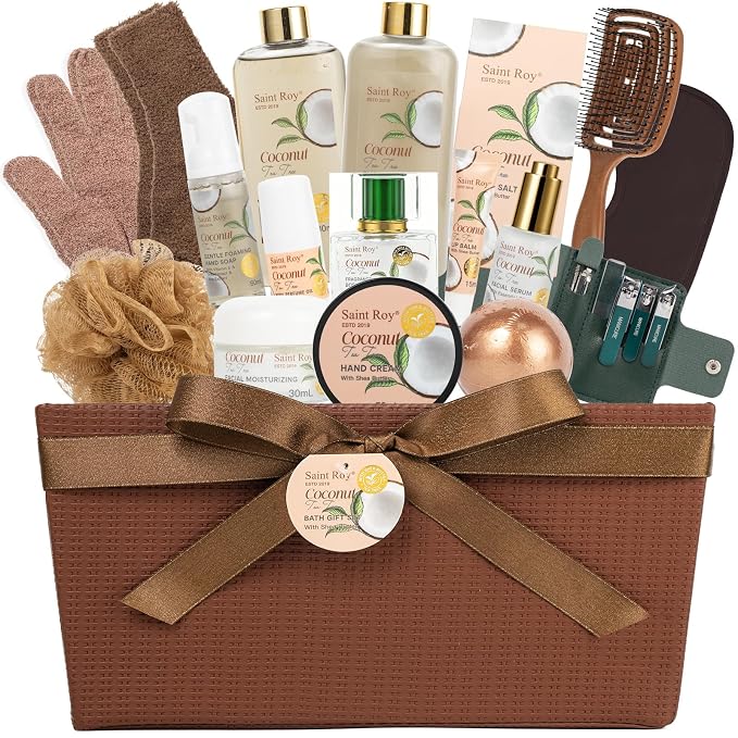 Bath and Body Basket Set TEA TREE & COCONUT Spa Gift Basket for Women & Men | 30Pcs Unique Bath Gift Baskets Gifts, Home Spa Kit Christmas Gifts, Face Skin Care Kit, birthday gift baskets for Dad Mom