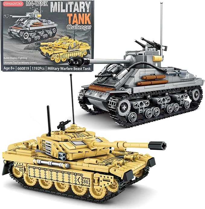 2 Tank Building Blocks, M4 Sherman and Challenger Military Battle Model Kits,Tank Toy Gifts for Boys or Men Collectors