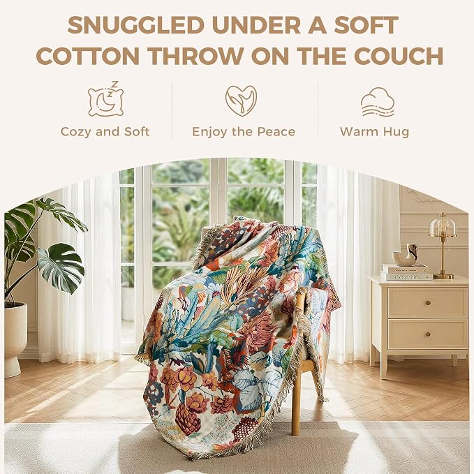 LUTBM Boho Throw Blanket for Bed 60"x80", All Season Cotton Couch Blankets | Reversible Botanical Floral Jacquard, Lightweight Breathable Twin Quilt, For Chair Sofa Living Room Bedroom, Home Decor