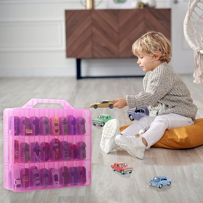 Double Sided Toy Car Storage Case for 48 Cars, Pink, Rectangular, Plastic, Wall Mount, 13.4 x 11.8 inches