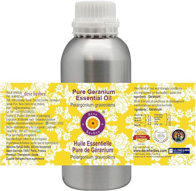 Deve Herbes Pure Geranium Essential Oil (Pelargonium graveolens) Steam Distilled 1250ml (42 oz)