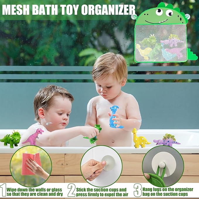 Dinosaur Bath Toys for 18 Mon, 6 Pcs Mold Free Dino Bath Toy for Toddler 1-3, Soft Rubber Baby Bathtub Shower Water Table Pool Toys with Mesh Organizer & Backpack, Exquisite Box Gifts for Boys Girls
