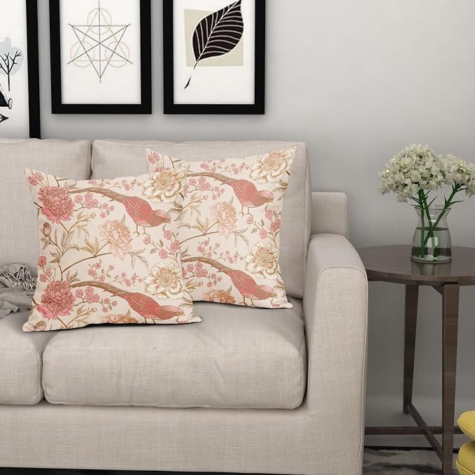 Flowers Birds Pillow Covers 20X20 Inch Set of 2 Pink White Roses Floral Leaf Decorative Pillow Cases Art Retro Gold Cotton Linen Cushion Case Vintage Home Decor for Sofa Couch Porch Outdoor