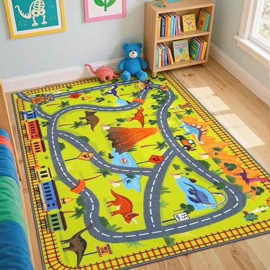 LIVEBOX 5x7 Dinosaur Adventure Rugs for Boys Bedroom,Non Slip Playroom Kids Car Track Rug Collection Safari Road Map,Educational & Game Play Carpet for Kids Room Classroom Living Room