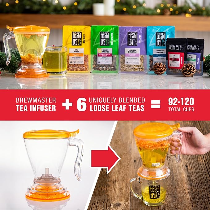 Tiesta Tea Ultimate Live Loose Leaf Kit, Tea Starter Kit with High to Non-Caffeinated Blends, Hot & Iced Brews, Includes Black, Green, Herbal Sample Bags and 16oz Brewmaster Dispensing Infuser