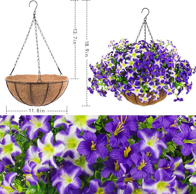 2 Set Artificial Petunias Flowers with Hanging Baskets, 24 Pcs Silk Petunia UV Resistant Purple Faux Petunias Flowers with Hanging Planter for Front Door Porch Spring Outside Decor (2, Purple)