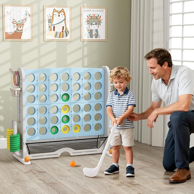 Costzon Giant 4-in-A-Row Connect Game, Height Adjustable 4-in-1 Jumbo 4-to-Score Yard Game with Golf, Ring Toss, Basketball, Cup Holder & Mesh Net, Indoor Outdoor Game for Kids Adults Family Party