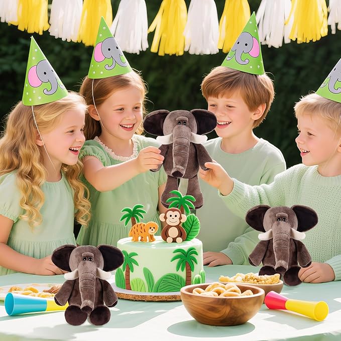 6 Pcs Safari Stuffed Animals Bulk Lion Elephant Monkey Tiger Toy Plush Zoo Animals Junble for Boy Girl Gift Animal Themed Parties Baby Shower Favor(Elephant)