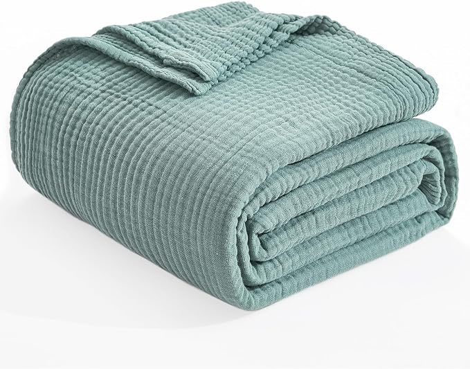 EMME Muslin Cotton Queen Blanket for Bed 90" x 90" Lightweight Breathable Layering Bedspread Gauze Soft Lightweight Airy Teal