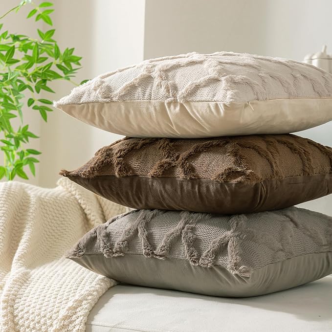 Set of 2 Soft Moroccan Throw Pillow Covers 16x16 Inch Plush Boho Decorative Pillow Cover Accent Cushion Case for Couch Sofa Bed, Beige