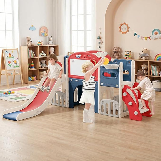 Outdoor Toddler Playset with Slide Set,Indoor Playground for Toddlers 1-3, Climber Play Set with Telescope Basketball Hoop,Tunnel Playhouse and Jungle Gym