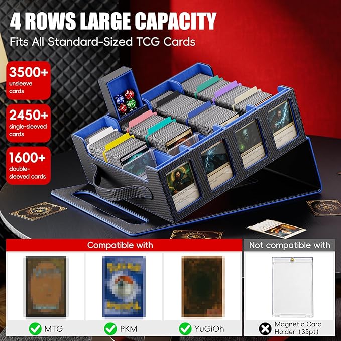 Trading Card Storage Box – 3500+ Magnetic MTG Deck Box with Handle,Commander & Toploader Display, Dice Box,4 Dividers & 30 Color Labels – Fits for TCG,MTG,Yu-Gi-Oh and Sport cards(Black/Blue)