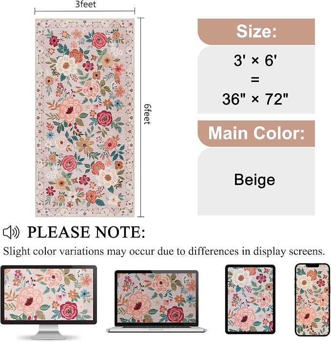 DUKINO 3x6 Runner Rug, Non Slip Floral Washable Rug for Kitchen, Beige | Low Pile, Non Shedding, Soft Thin Indoor Rug for Hallway, Bedroom, Bathroom, Entryway, Laundry, Pet Friendly, Home Decor