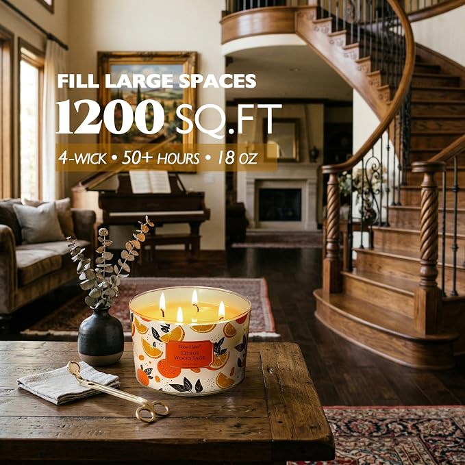 HomeLights Citrus Wood Sage Scented Candles | 18oz Soy Candles Eclectic Mixed Styles 4-Wick Large Candle Jars | Ideal Candle Gifts for Events, Home Decor Stress, Relief & Relaxation