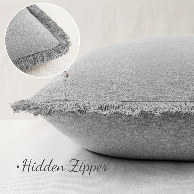 MIULEE Linen Fringe Decorative Euro Throw Pillow Covers Light Grey 24x24 | Set of 2, Cottagecore Decor, Boho Farmhouse Neutral Pillow Covers, Rustic Couch Cushion Cases for Sofa Bed Living Room