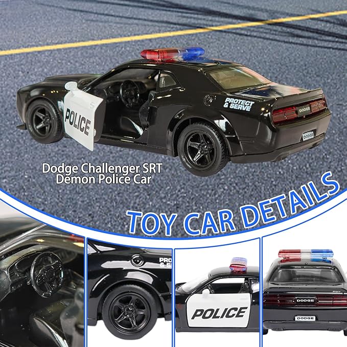 OTONOPI 2 Packs Police Car Toys, 1/36 Die Cast Metal Car Model American Cop Car for Collectible, Police Vehicles Toy Set Challenger and Camaro Pull Back 5 inch City Rescue for Kids Boy Girl Age 3-12