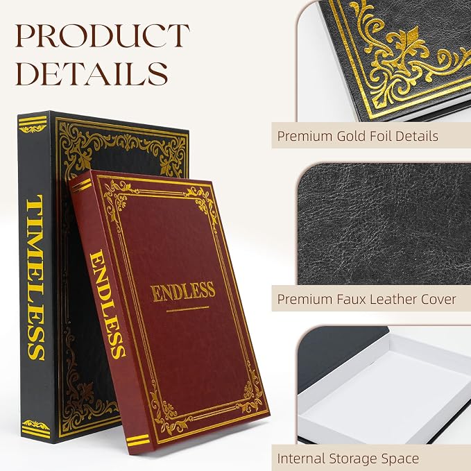Vintage Decorative Book Storage Box Set of 2, Stylish Faux Leather Decorative Books, Fake Book Storage Box for Bookshelf, Coffee Table, Modern Home Decor, Black & Dark Brown