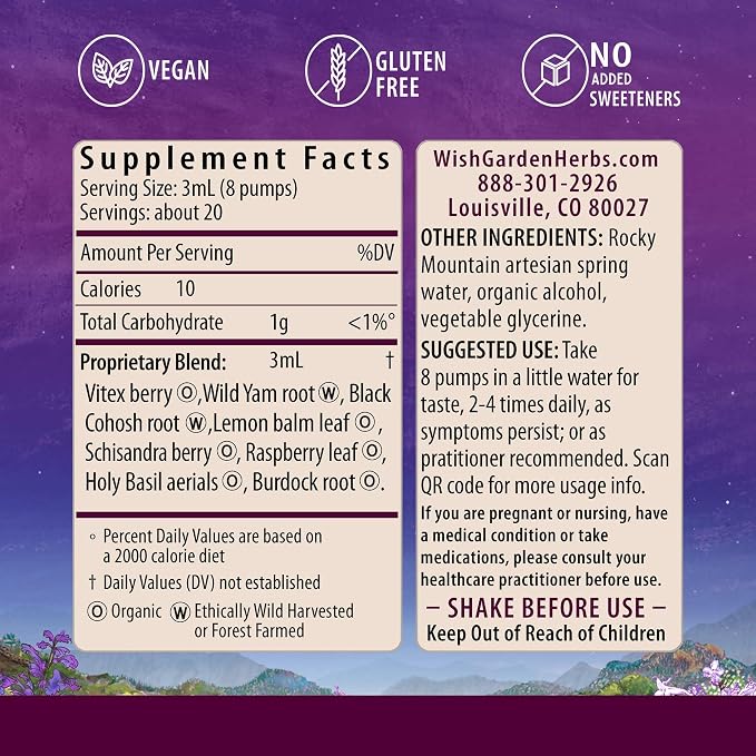 WishGarden Herbs Hot Flash Tamer, Liquid Herbal Tincture, Black Cohosh, Vitex Berry, Menopause Hot Flash Relief, Night Sweats Support, Women's Hormone Balance, 4oz