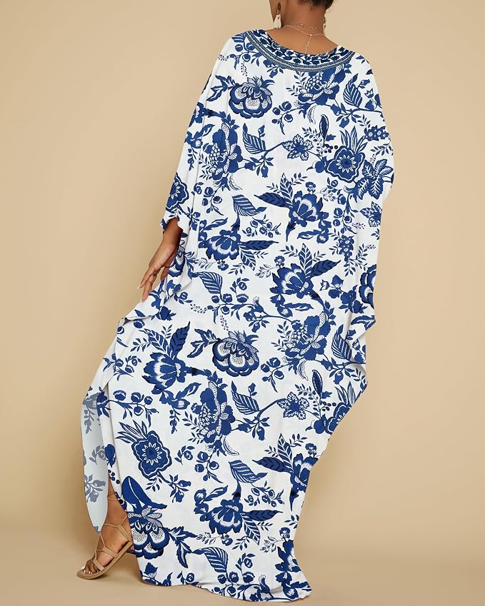 Bsubseach Kaftan Dresses for Women Floral Print Plus Size Beach Cover Up | Lightweight V Neck Loose Fit Boho Dress, Batwing Sleeve Side Slit, Moo Moos for Women Home Loungwear Cruise Resort Wear
