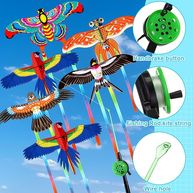 Simgoing 6 Pcs Large Fishing Rod Kite for Kid Adults, 23.62 Inch Vivid Butterfly Kite Bulk, Easy to Fly, Swallow Parrot Goldfish Phoenix Kites for Adults Family in Spring Outdoor Beach Team Building