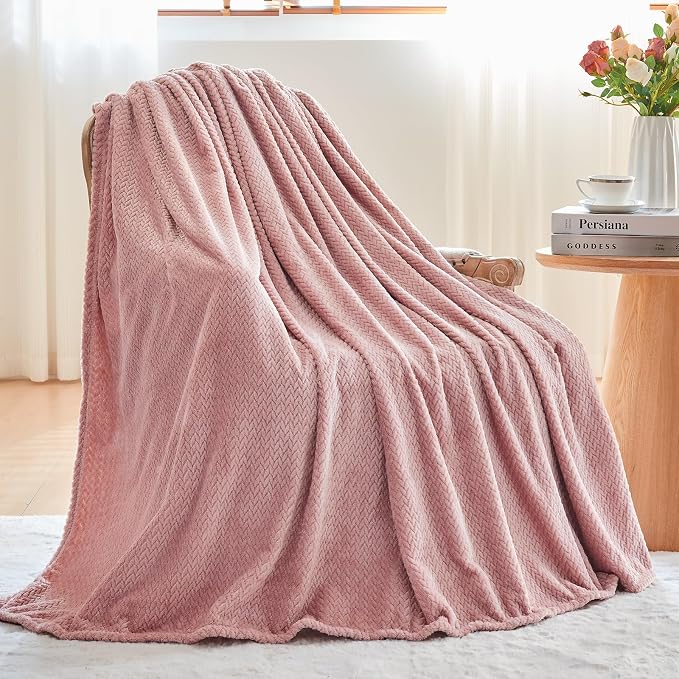 NEWCOSPLAY Fleece Leaves Pattern Queen Blanket, Dusty Pink, 90"x90" | Super Soft Throw Blanket, Lightweight Cozy Bed Sofa Blanket, Premium Silky Flannel Fleece, Travel Blanket for All Season Use