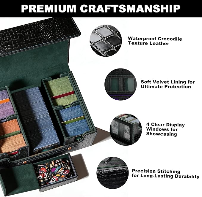 MTG Commander Deck Box, 4-in-1 Trading Card Storage Case fits 400+ Double Sleeved Cards, Premium PU Leather Deck Box MTG with Display Window & 4 Detachable Cases - Black & Red