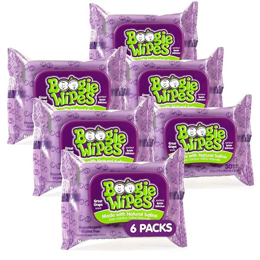 Saline Nose Wipes by Boogie, for Baby & Kids, Face, Hand & Body, Made with Vitamin E, Aloe, and Natural Saline, Grape Scent, 30 Count (Pack of 6)