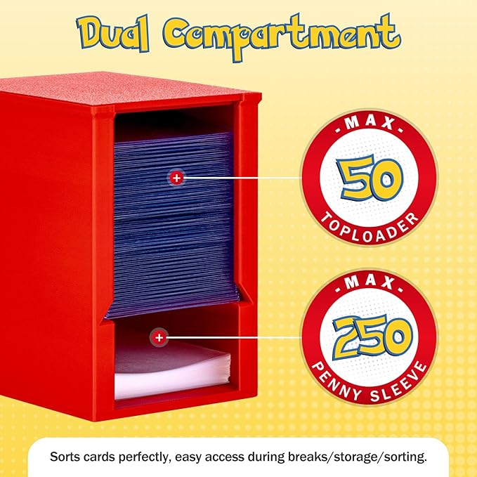 Toploader Dispenser & Penny Sleeve Holder - Dual Compartment Holds 250 Penny Sleeves & up to 50 Top Loaders, Stackable Card Storage Box with Dustproof Lid (Red)