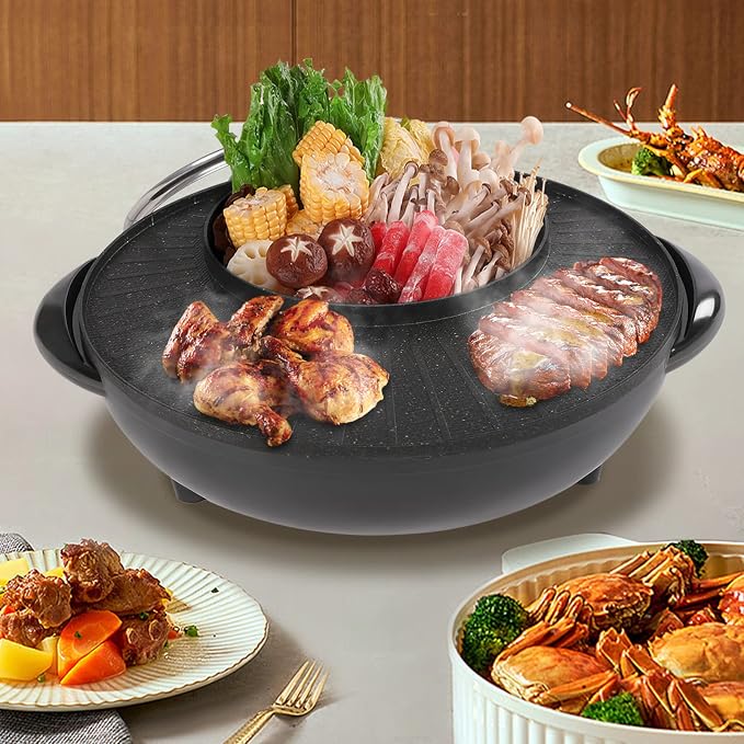 Electric Smokeless Grill and Hot Pot 2 in 1, Multifunctional Round Pot, Hot Pot Plate, Circular Edition Hotpot Grill Combo Korean BBQ, Non Sticky Pot Black 110v.