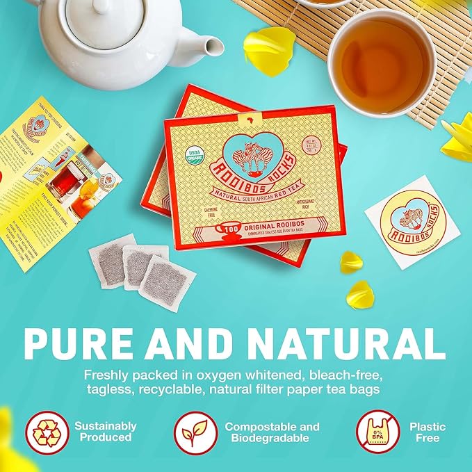 Caffeine Free Tea Organic Rooibos Tea Bags 200 - Naturally Sweet Red Tea Safe for Children & Pregnant Women - Low Tannin, Premium Red Rooibos Tea Organic Sustainably & Ethically Farmed in South Africa
